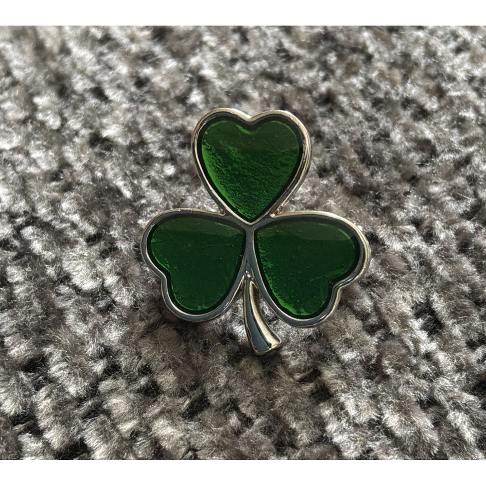 Vtg Shamrock Brooch St. Patrick's Day Green 3 Leaf Clover Silver Tone Pin